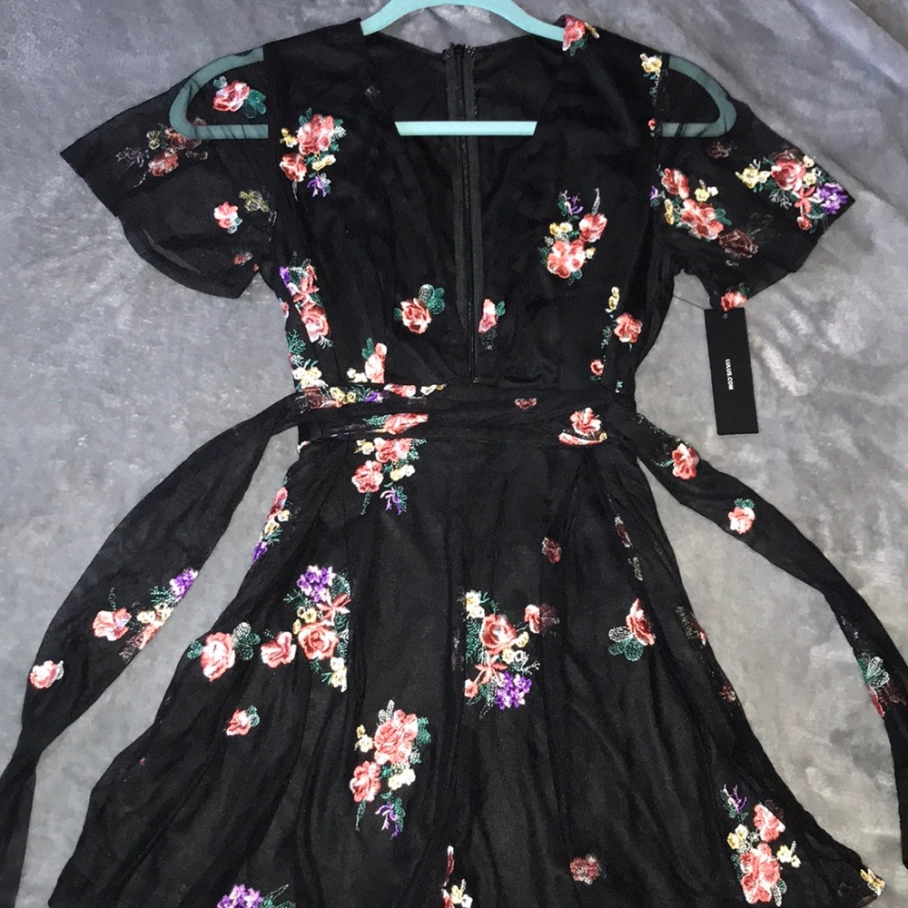Black, sheer floral romper